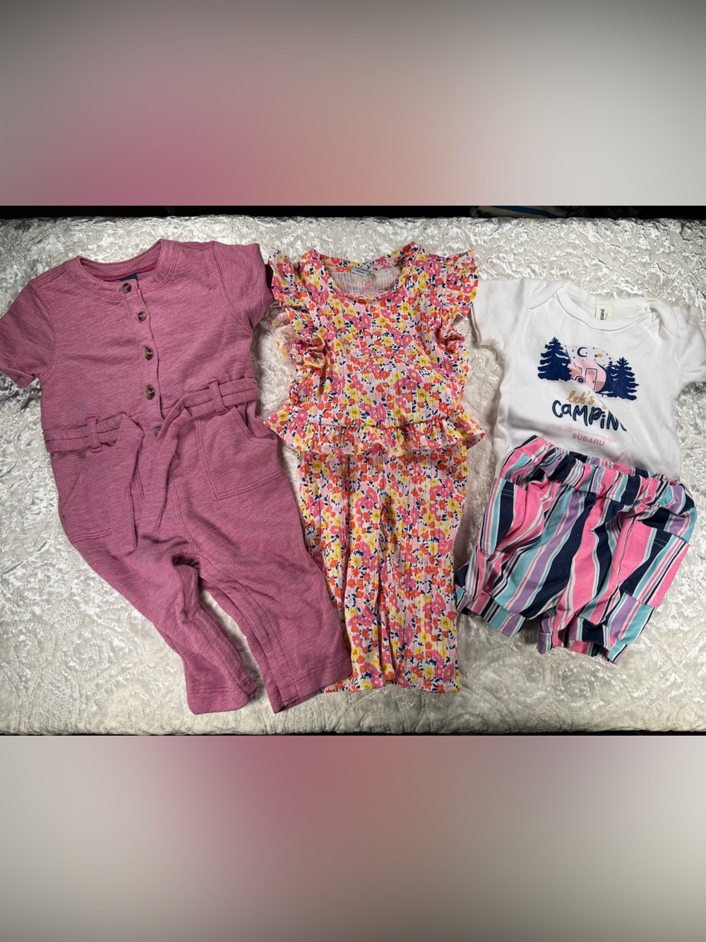 Old Navy/Subaru 3 set Pink Romper, floral two piece and onsie w/shorts